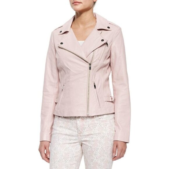 Neiman Marcus Genuine Pink Leather Zipper Pockets Moto Jacket Women's Size S - Picture 1 of 9